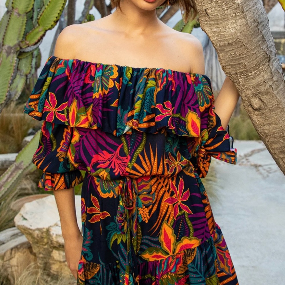 Trina Turk Multicolor Off-Shoulder Babouche Dress - BRAND NEW- XS
